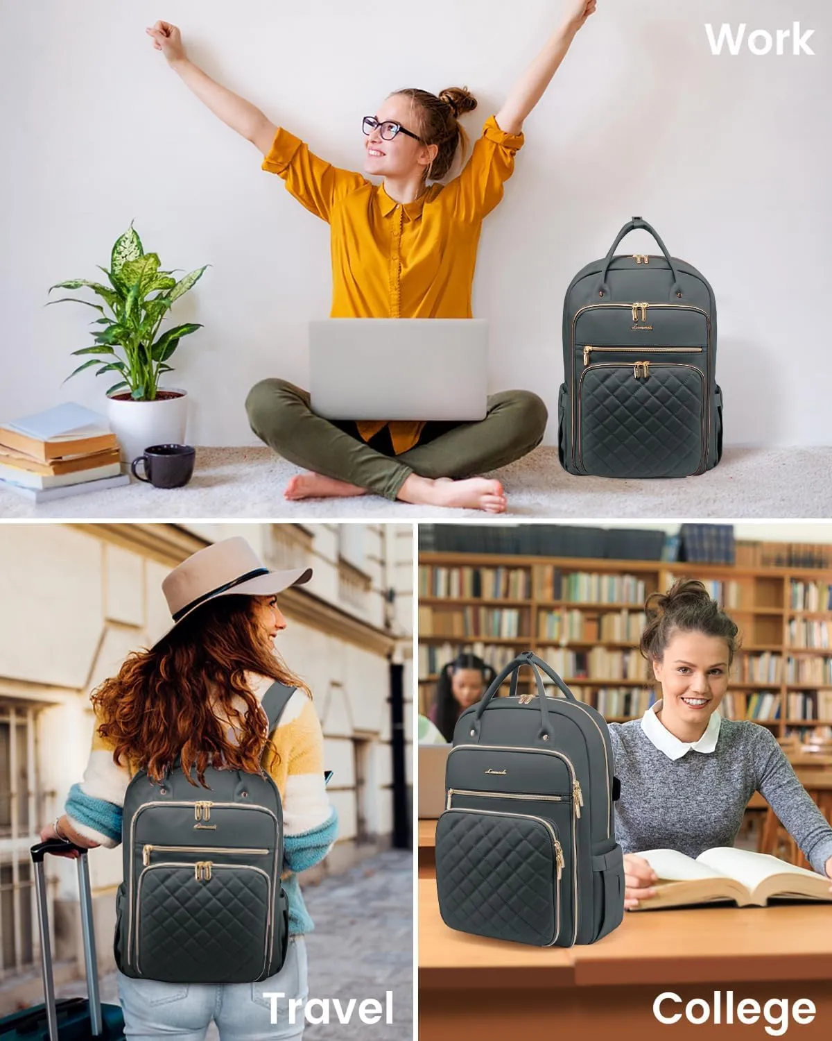LOVEVOOK Laptop Backpack for Women, 15.6 Inch Computer Backpack for Teacher Nurse with Water Resistant, Lightweight Travel Work Backpack with USB Charging Port, Quilted Commuter Backpack, Dark Gray
