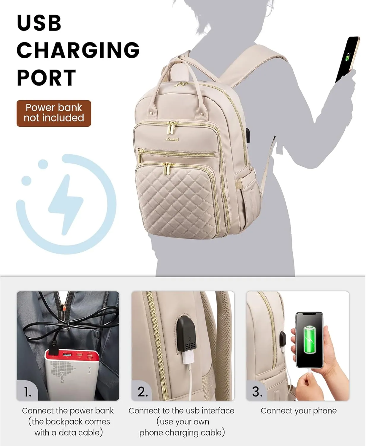 LOVEVOOK Laptop Backpack for Women, 15.6 Inch Computer Backpack for Teacher Nurse with Water Resistant, Lightweight Travel Work Backpack with USB Charging Port, Quilted Commuter Backpack purse, Beige