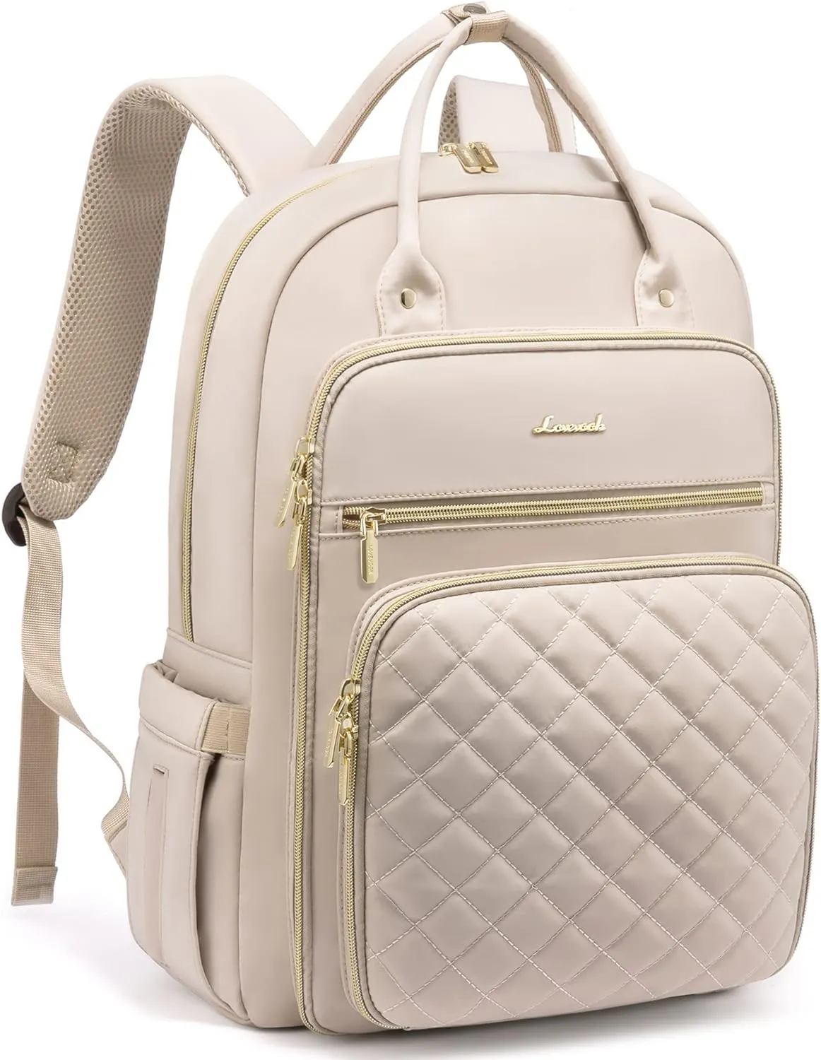 LOVEVOOK Laptop Backpack for Women, 15.6 Inch Computer Backpack for Teacher Nurse with Water Resistant, Lightweight Travel Work Backpack with USB Charging Port, Quilted Commuter Backpack purse, Beige