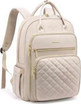 LOVEVOOK Laptop Backpack for Women, 15.6 Inch Computer Backpack for Teacher Nurse with Water Resistant, Lightweight Travel Work Backpack with USB Charging Port, Quilted Commuter Backpack purse, Beige