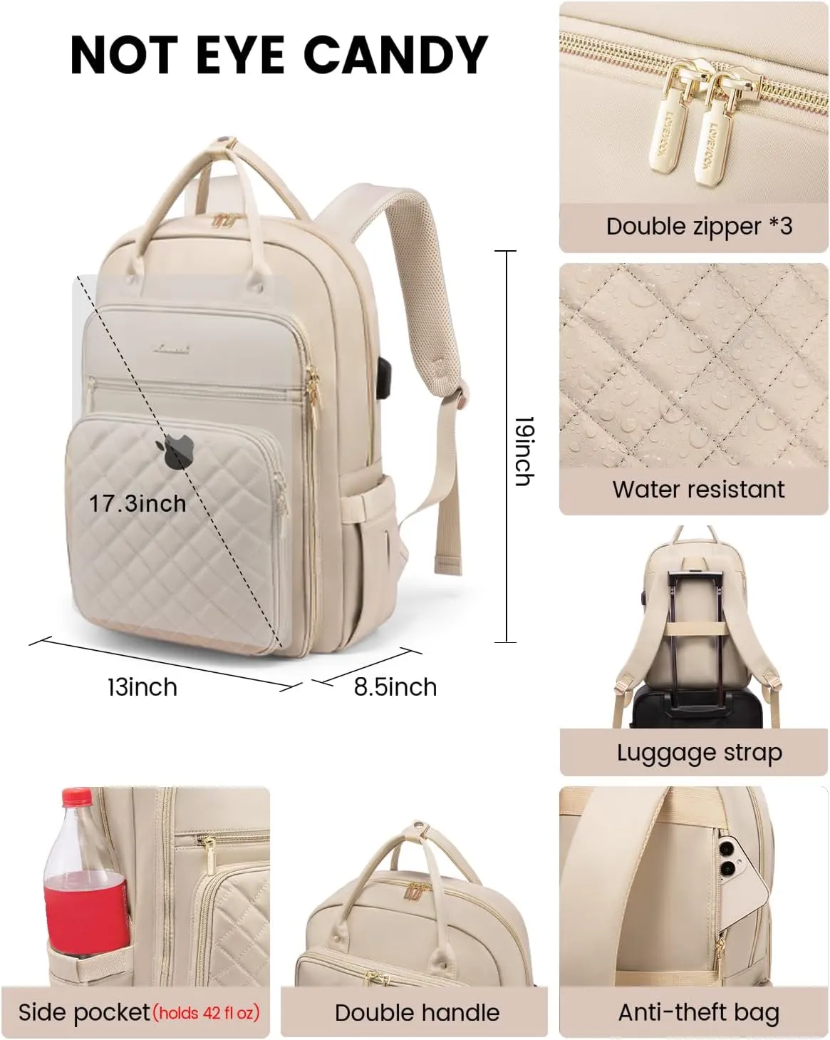 LOVEVOOK Laptop Backpack for Women, 17.3 Inch Computer Backpack for Teacher Nurse with Water Resistant, Lightweight Travel Work Backpack with USB Charging Port, Quilted Commuter Backpack purse, Beige
