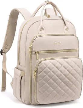 LOVEVOOK Laptop Backpack for Women, 17.3 Inch Computer Backpack for Teacher Nurse with Water Resistant, Lightweight Travel Work Backpack with USB Charging Port, Quilted Commuter Backpack purse, Beige