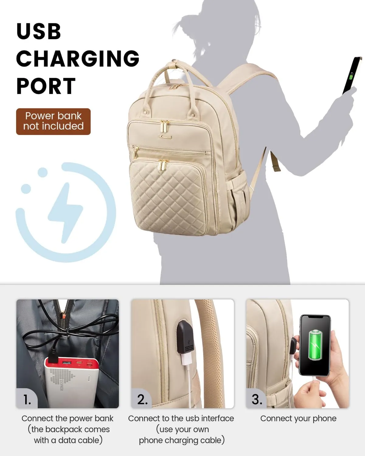 LOVEVOOK Laptop Backpack for Women, 17.3 Inch Computer Backpack for Teacher Nurse with Water Resistant, Lightweight Travel Work Backpack with USB Charging Port, Quilted Commuter Backpack purse, Beige