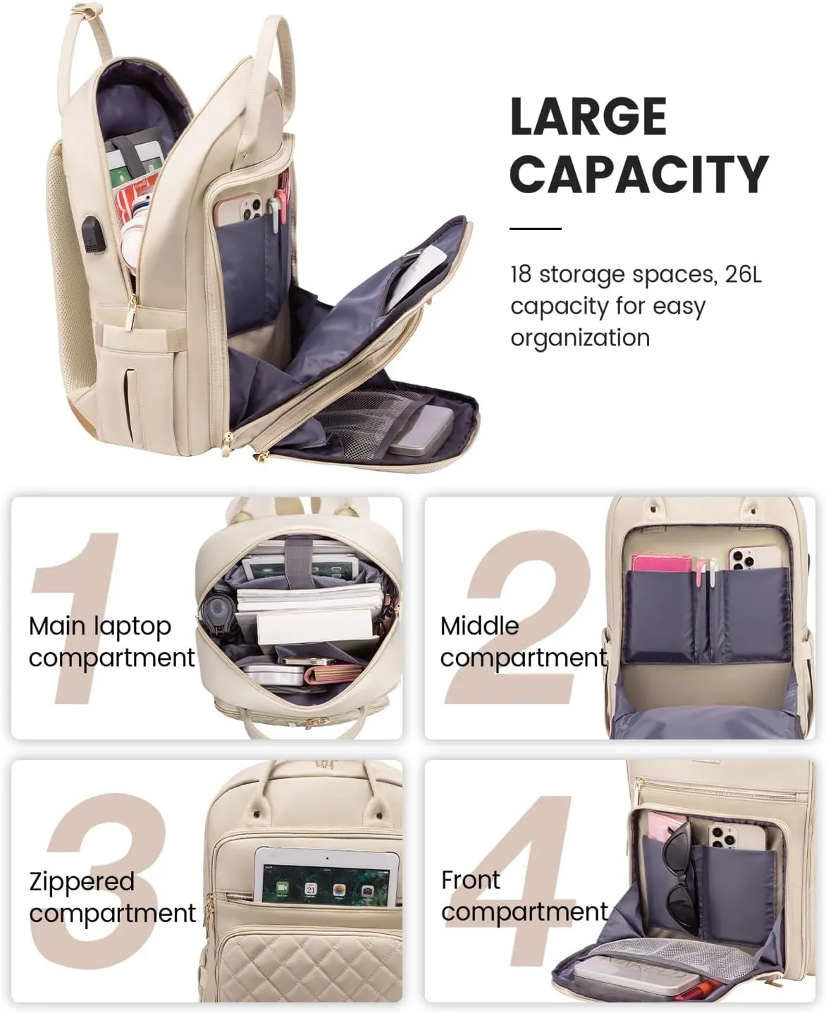 LOVEVOOK Laptop Backpack for Women, 17.3 Inch Computer Backpack for Teacher Nurse with Water Resistant, Lightweight Travel Work Backpack with USB Charging Port, Quilted Commuter Backpack purse, Beige