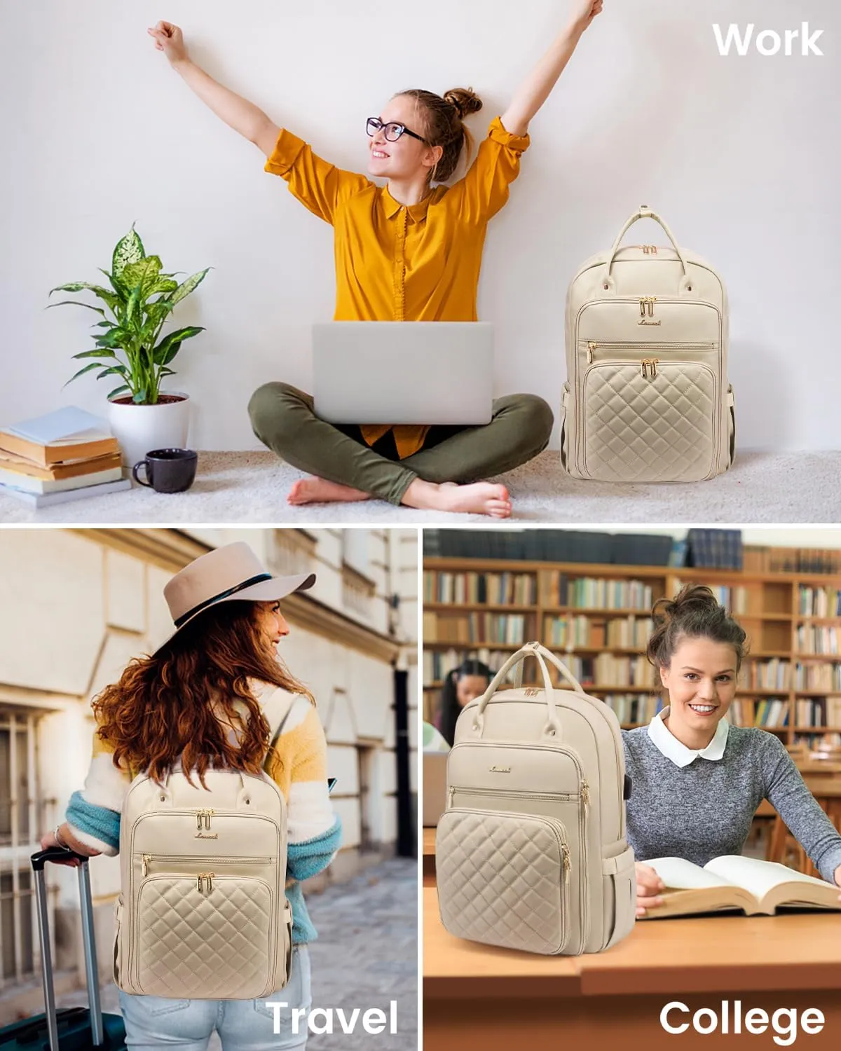 LOVEVOOK Laptop Backpack for Women, 17.3 Inch Computer Backpack for Teacher Nurse with Water Resistant, Lightweight Travel Work Backpack with USB Charging Port, Quilted Commuter Backpack purse, Beige