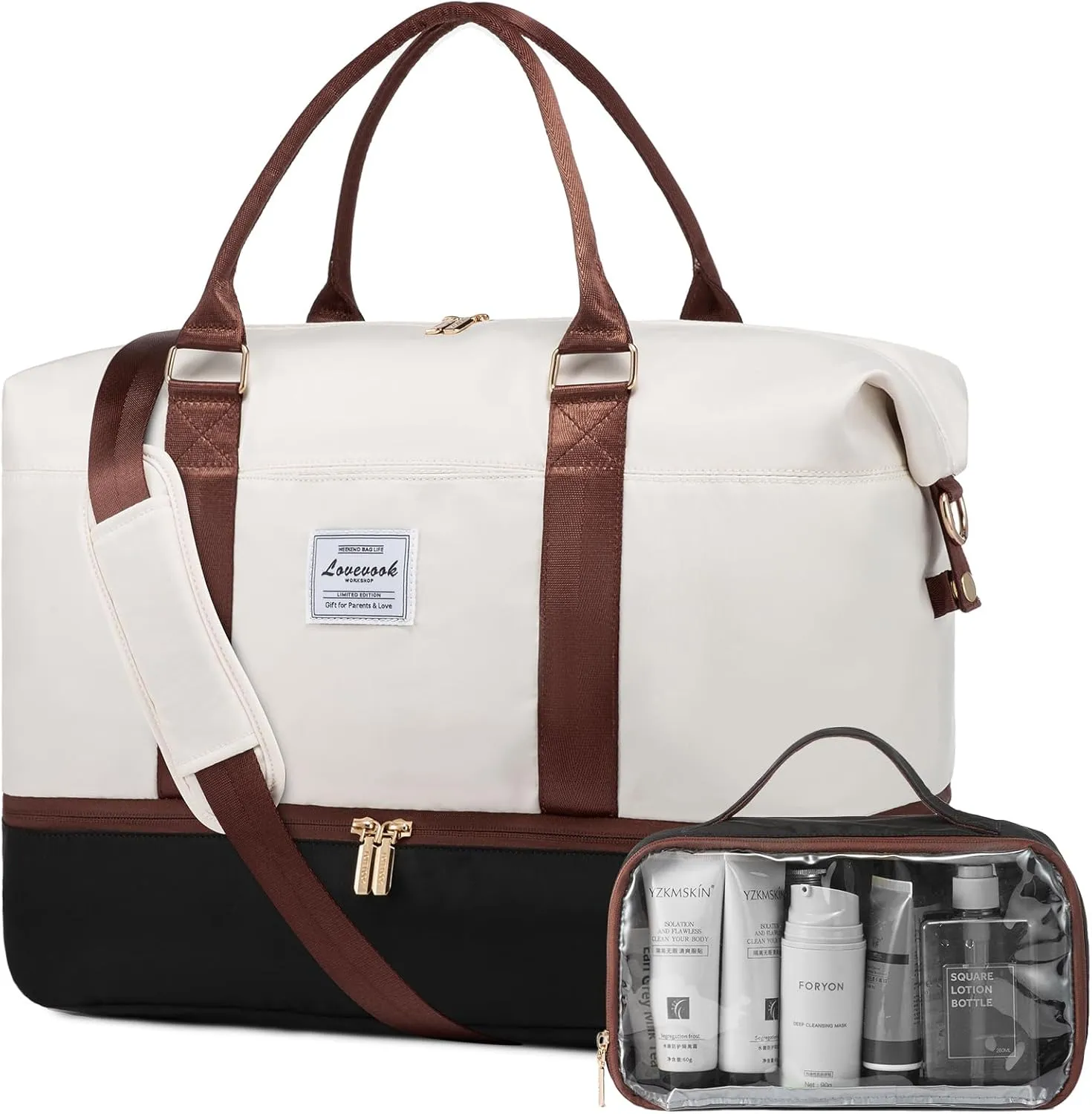 LOVEVOOK Travel Bag - Weekender, Overnight Carry-On with Shoe Compartment, Duffle with Laptop Pocket, White - Black