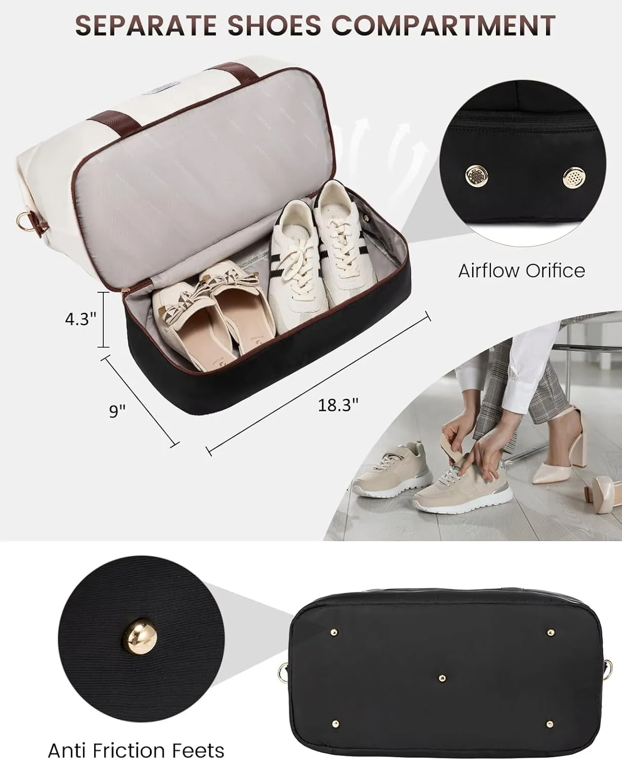 LOVEVOOK Travel Bag - Weekender, Overnight Carry-On with Shoe Compartment, Duffle with Laptop Pocket, White - Black