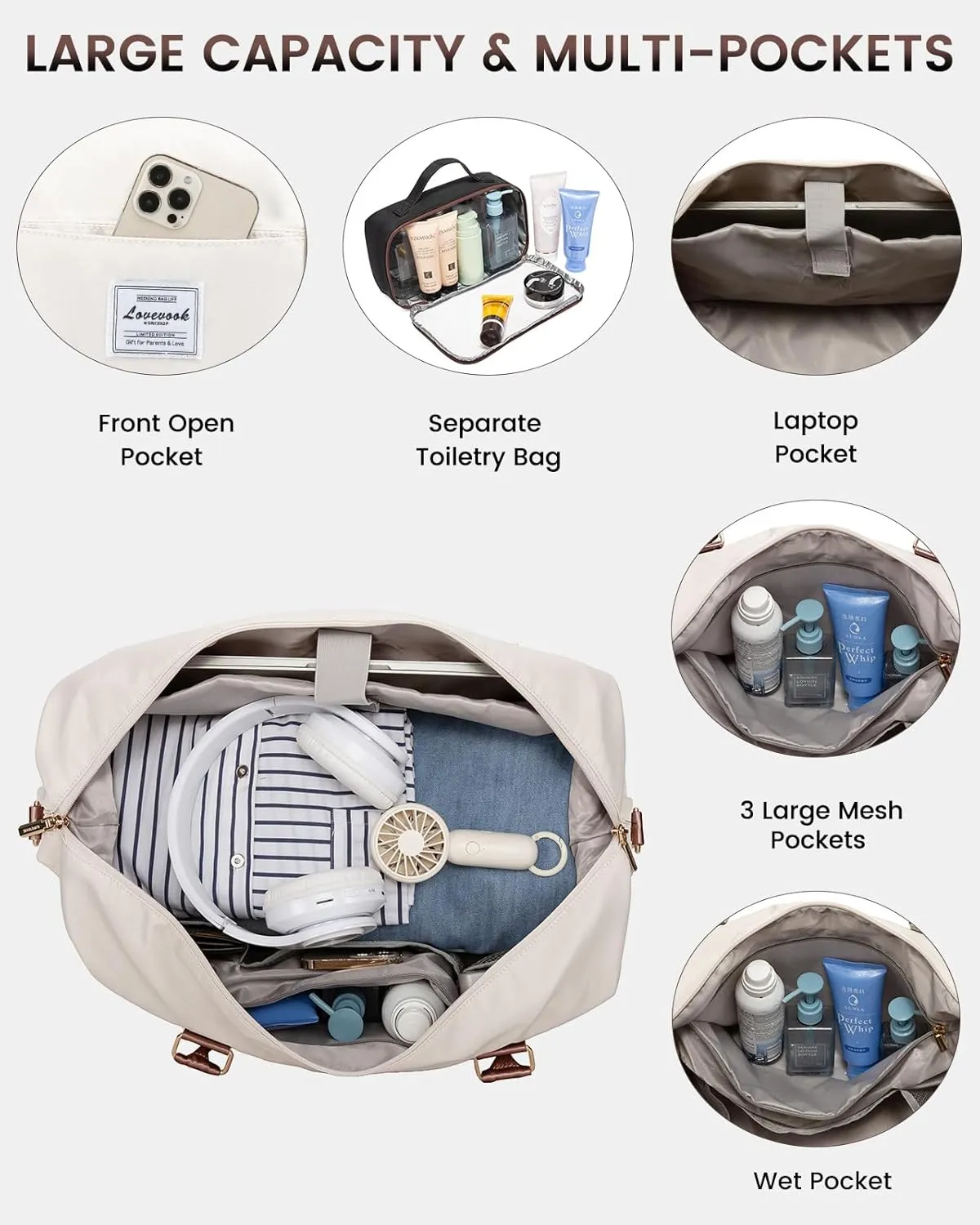 LOVEVOOK Travel Bag - Weekender, Overnight Carry-On with Shoe Compartment, Duffle with Laptop Pocket, White - Black