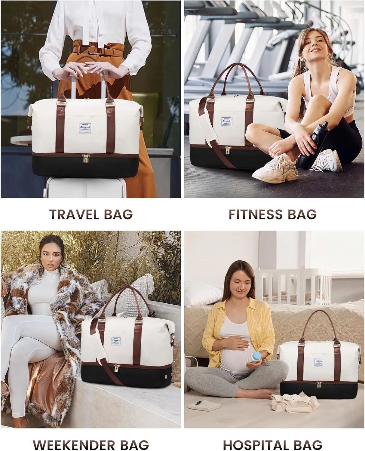 LOVEVOOK Travel Bag - Weekender, Overnight Carry-On with Shoe Compartment, Duffle with Laptop Pocket, White - Black