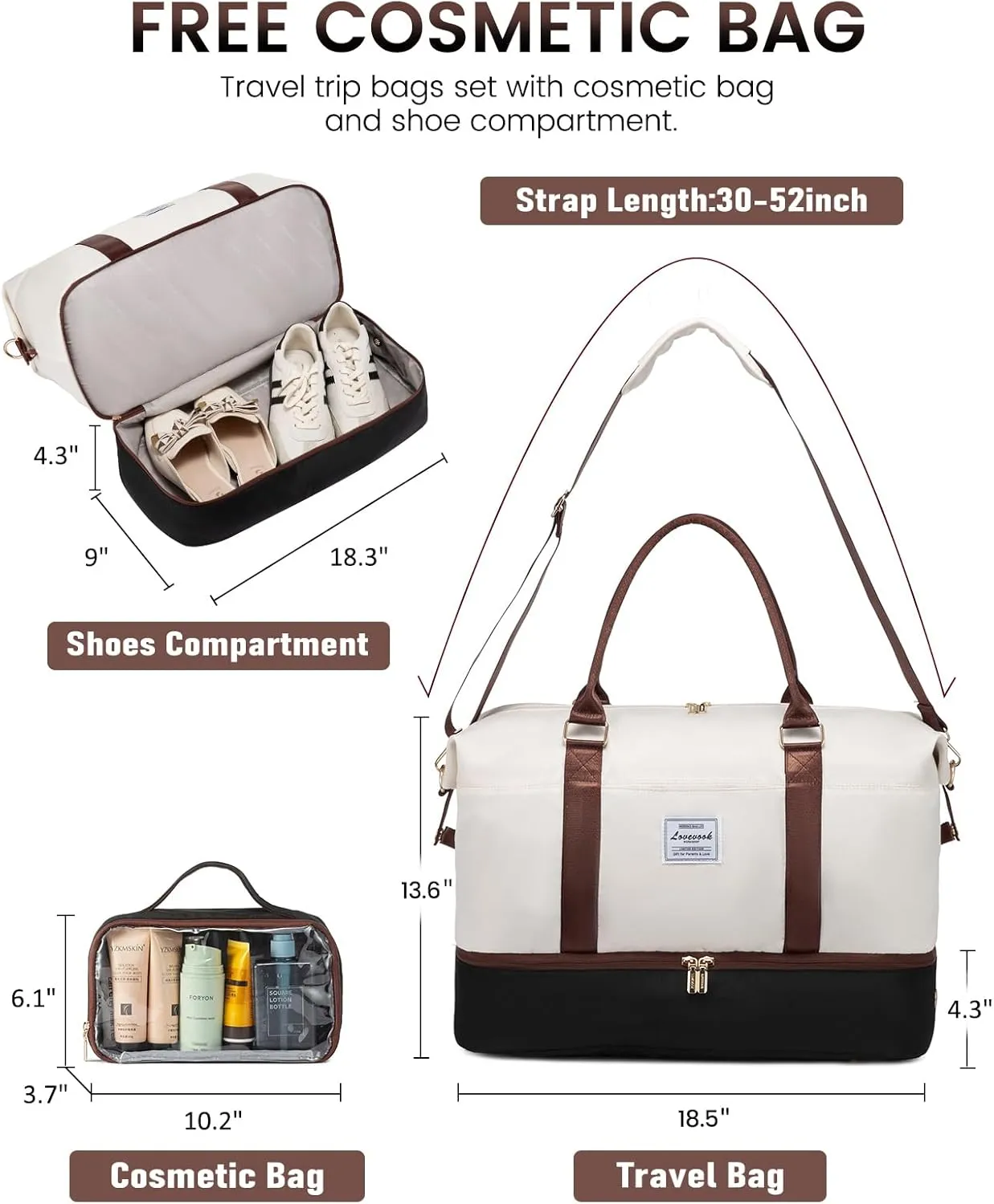 LOVEVOOK Travel Bag - Weekender, Overnight Carry-On with Shoe Compartment, Duffle with Laptop Pocket, White - Black