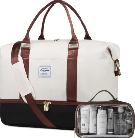 LOVEVOOK Travel Bag - Weekender, Overnight Carry-On with Shoe Compartment, Duffle with Laptop Pocket, White - Black