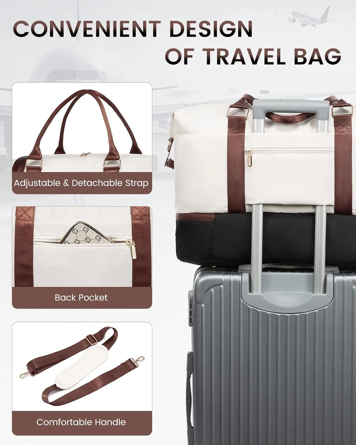 LOVEVOOK Travel Bag - Weekender, Overnight Carry-On with Shoe Compartment, Duffle with Laptop Pocket, White - Black