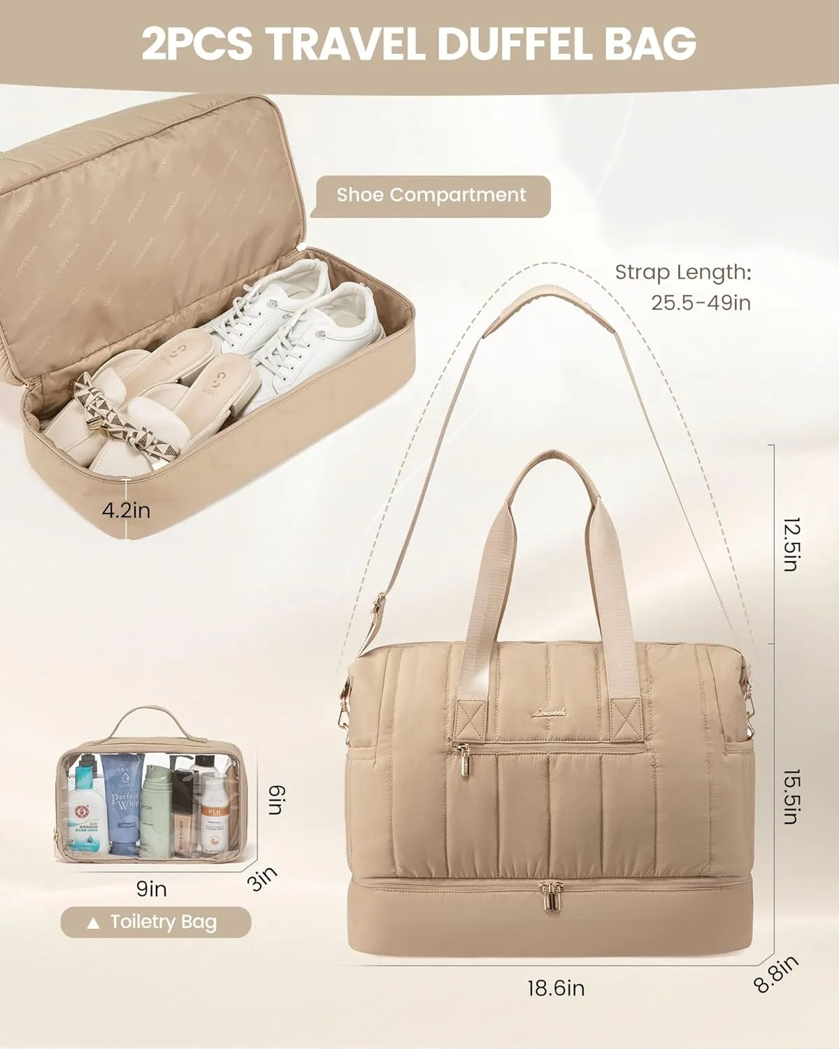 LOVEVOOK Travel Duffle Bag,Puffer Weekender Bags For Women with Shoe Compartment,42L Carry On Duffel Bags For Airplanes,Hospital Bag for Labor and Delivery,Overnight Bag With Toiletry Bag,2Pcs Set