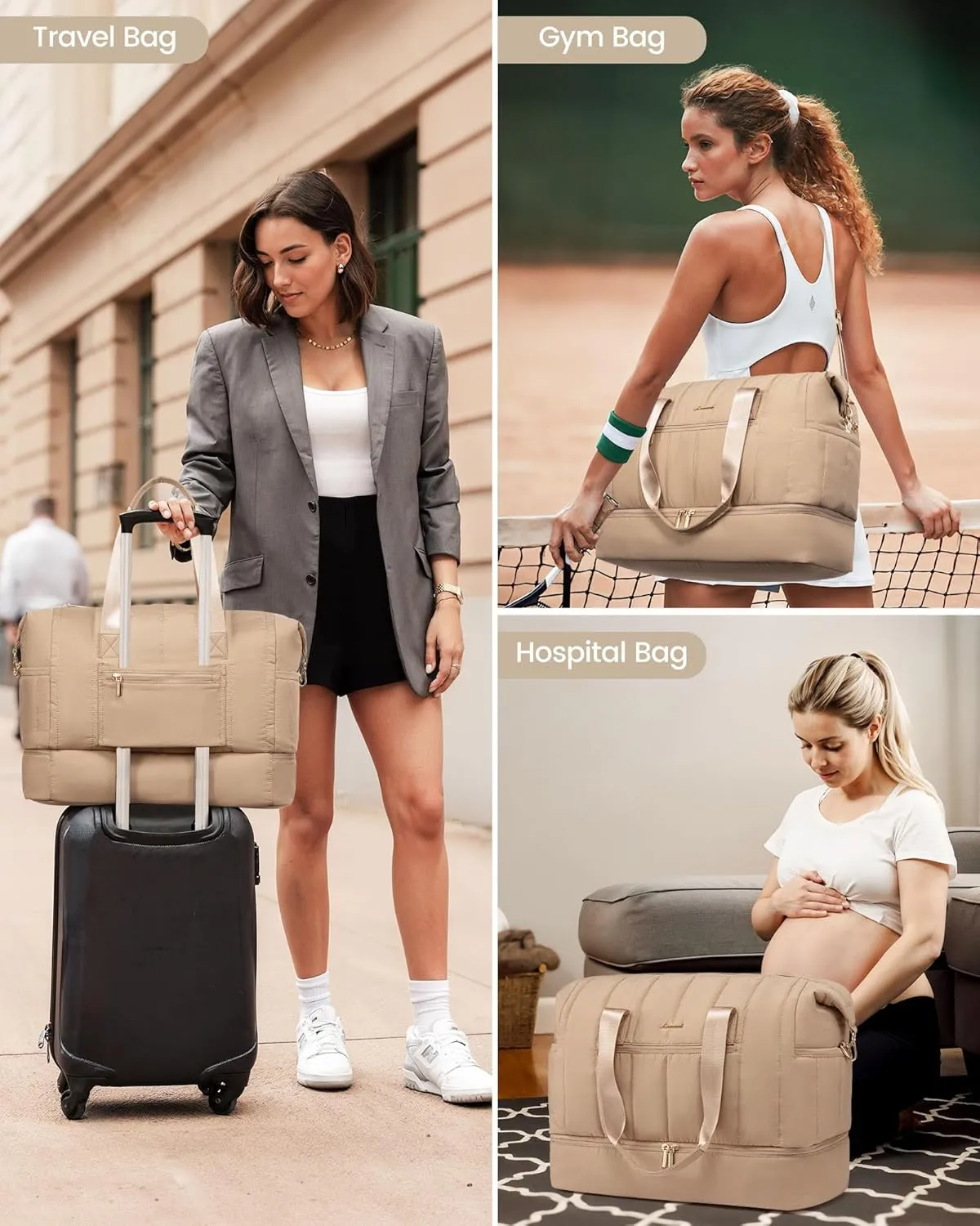 LOVEVOOK Travel Duffle Bag,Puffer Weekender Bags For Women with Shoe Compartment,42L Carry On Duffel Bags For Airplanes,Hospital Bag for Labor and Delivery,Overnight Bag With Toiletry Bag,2Pcs Set