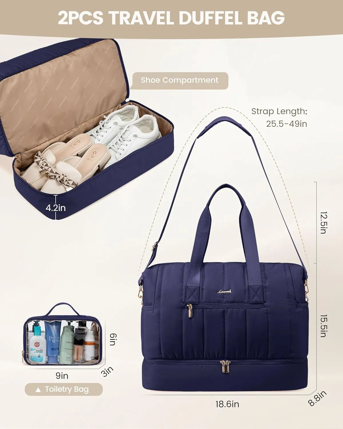 LOVEVOOK Travel Duffle Bag,Puffer Weekender Bags For Women with Shoe Compartment,42L Carry On Overnight Duffel Bag For Airplanes,Hospital Bag for Labor and Delivery,2Pcs Set
