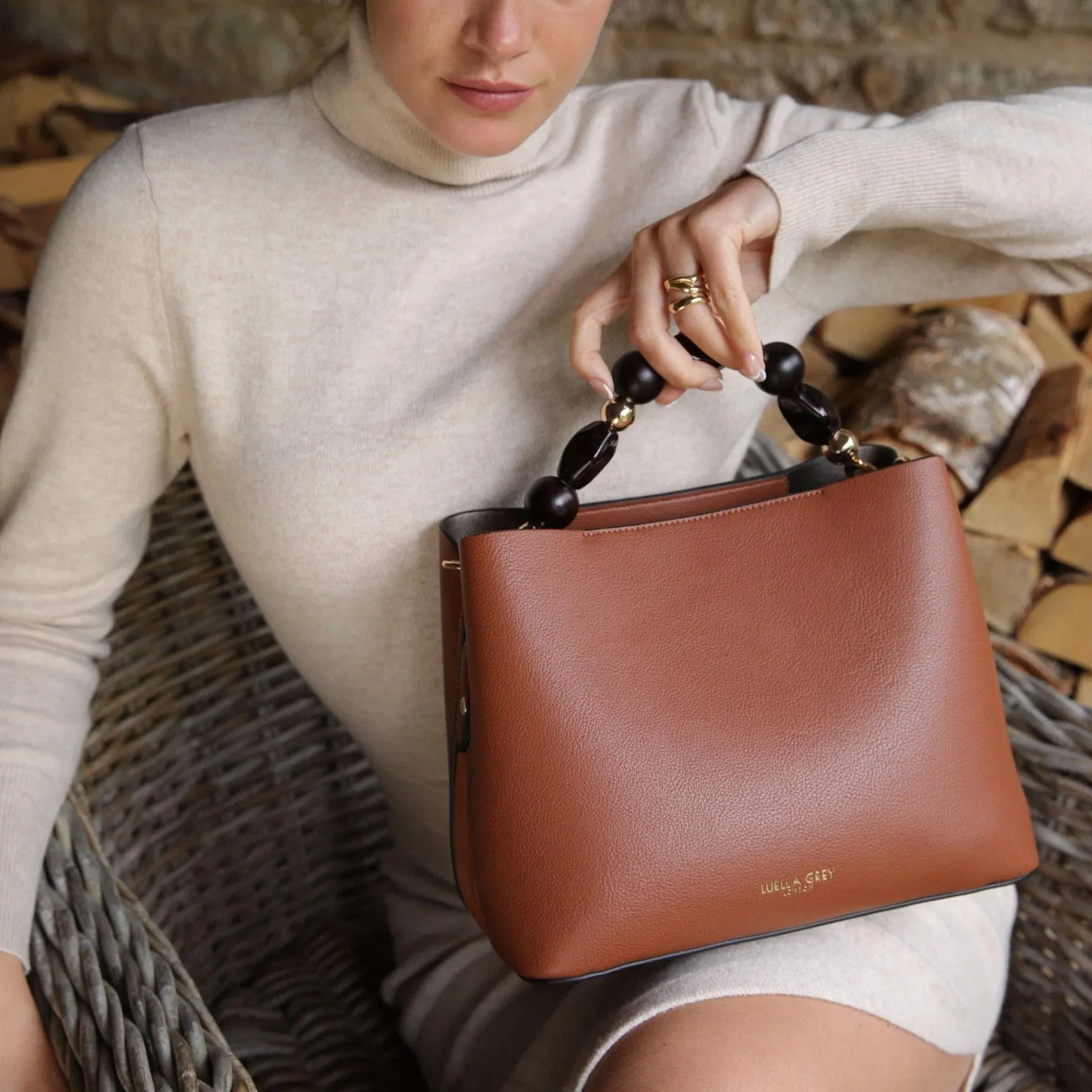 Luella Grey Danielle Beaded Handle Crossbody Tote in Conker