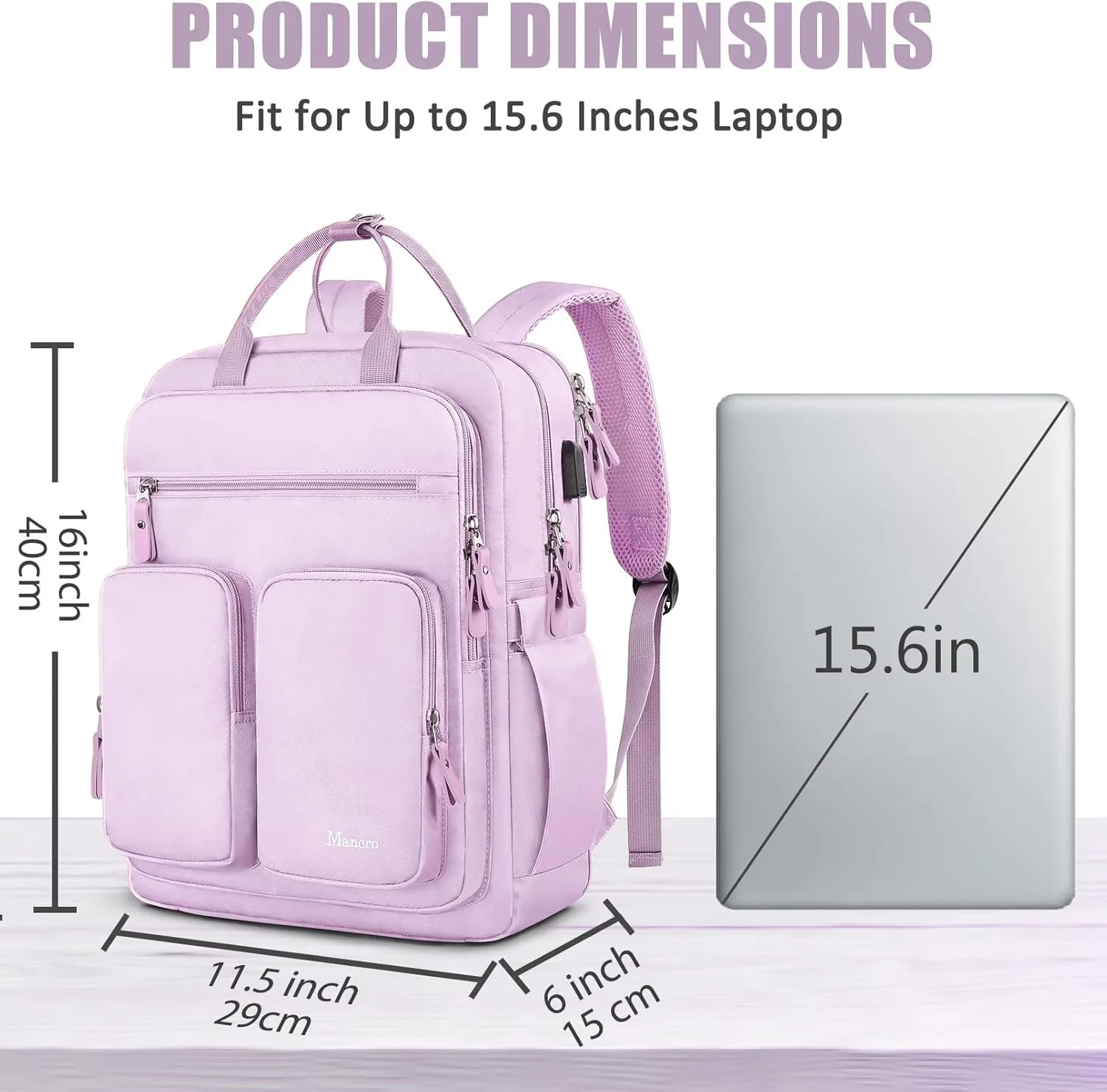 Mancro Laptop Backpack for Women, 15.6 Inch Backpack with USB Charging Port, Large Travel Backpacks for Women, College Backpack Gifts Laptop Backpacks, Purple