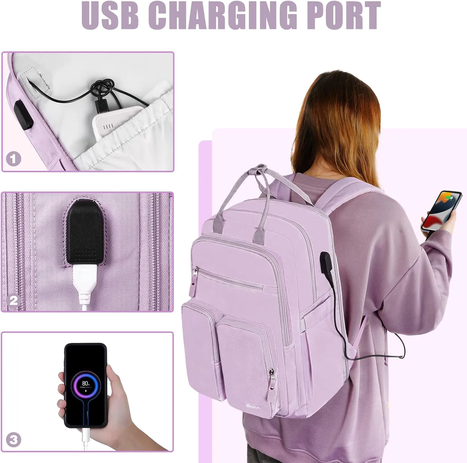 Mancro Laptop Backpack for Women, 15.6 Inch Backpack with USB Charging Port, Large Travel Backpacks for Women, College Backpack Gifts Laptop Backpacks, Purple