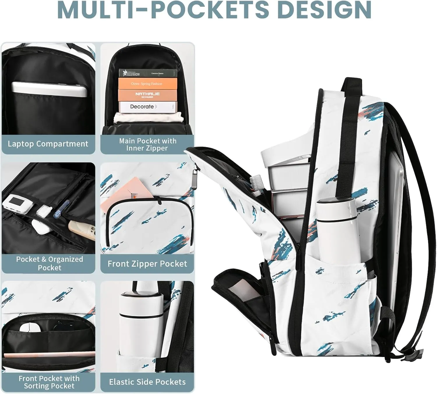 Mens Work Backpack, Backpacks for Women, Backpack for School Teens, Travel Laptop Back Pack Fits 15.6 Inch Notebook with Hidden Pocket, Water Resistant Bookbag with Luggage Strap (Tie-dye White)