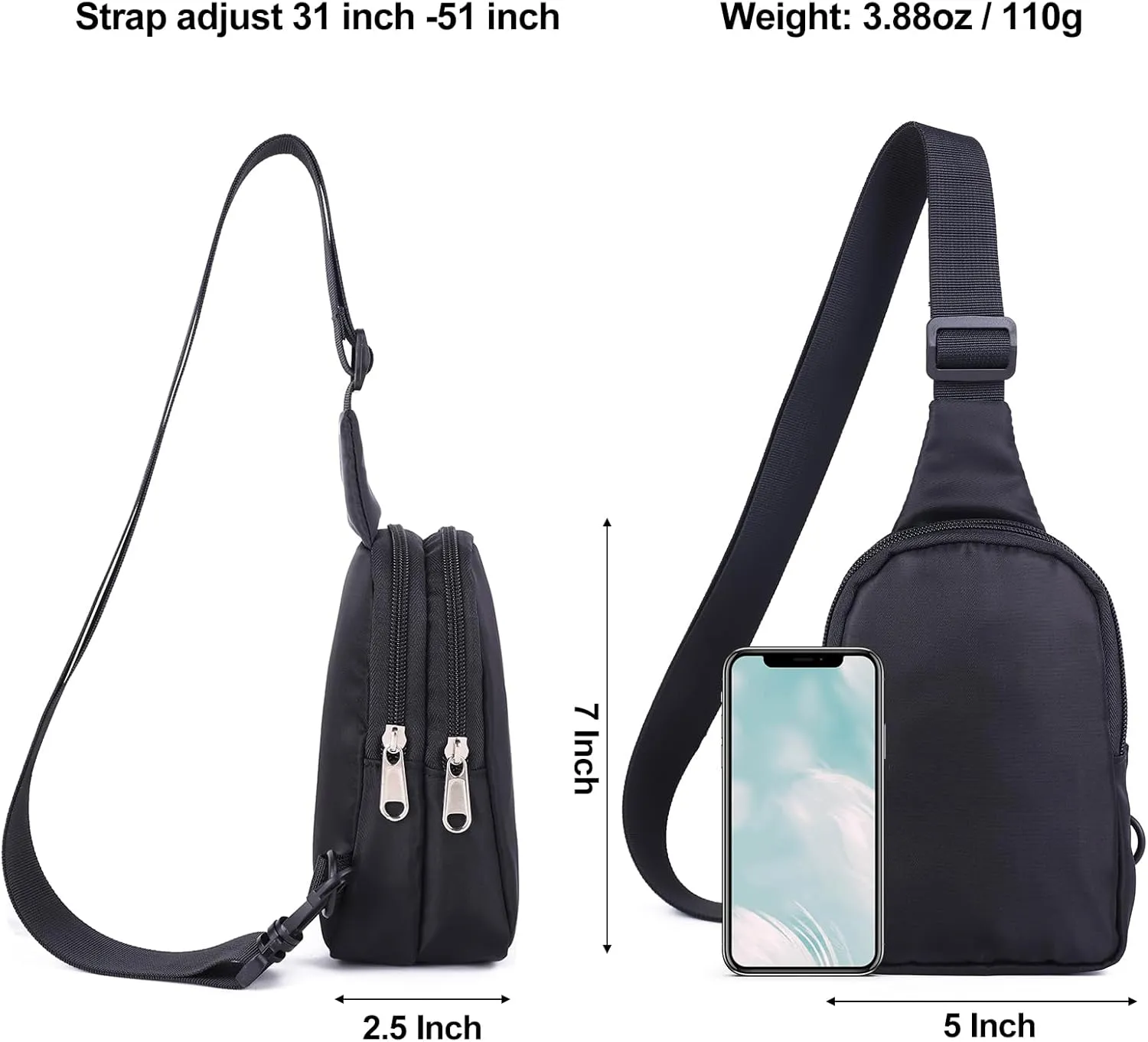 Mini Sling Bag, Casual Crossbody Bags for Women, Fanny Pack with Adjustable Strap, Black