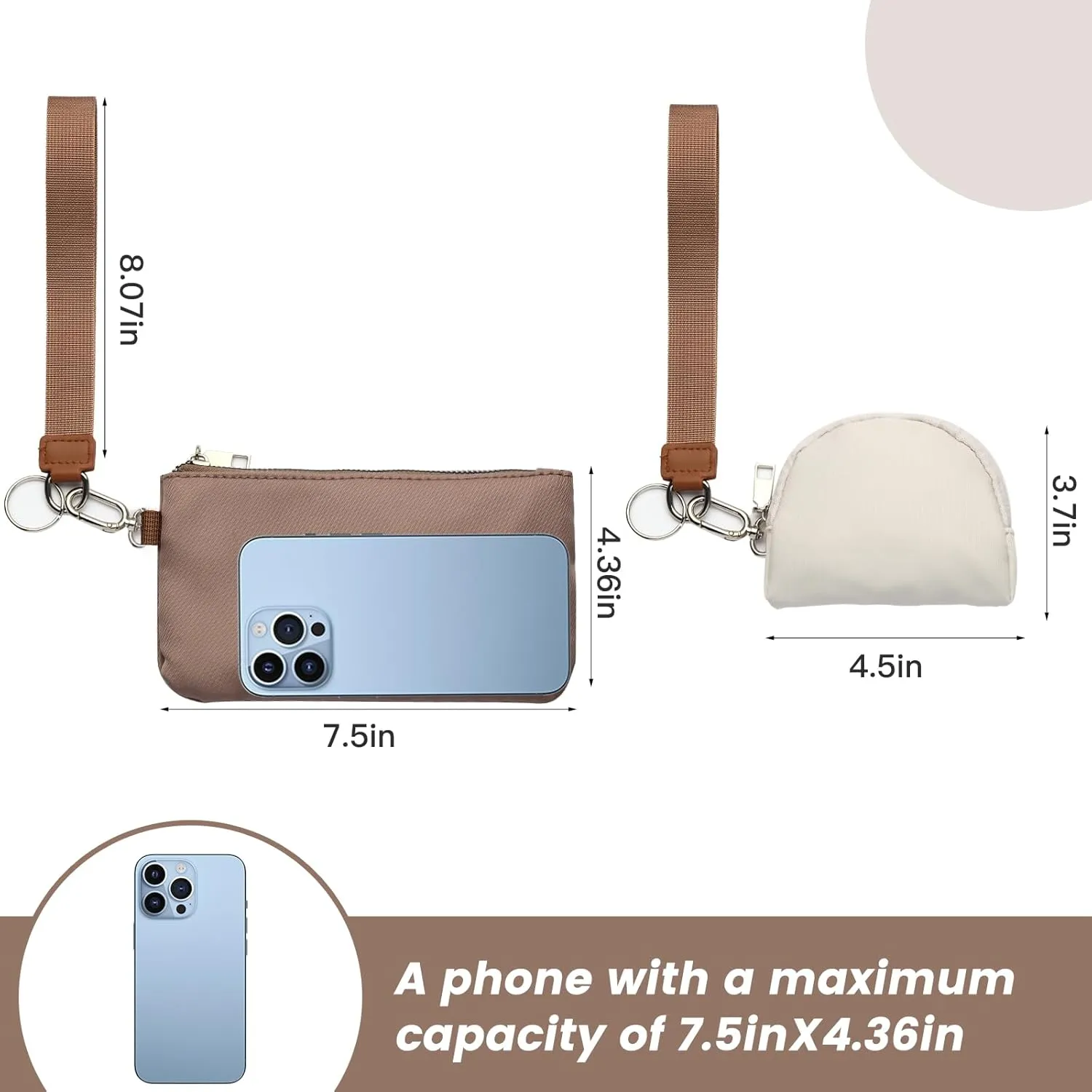 Mini Zip Around Wristlet Keychain Wallet for Women Detachable Dual Pouch Wristlet Portable Phone Coin Purse Coin Pocket (Khaki Brown)