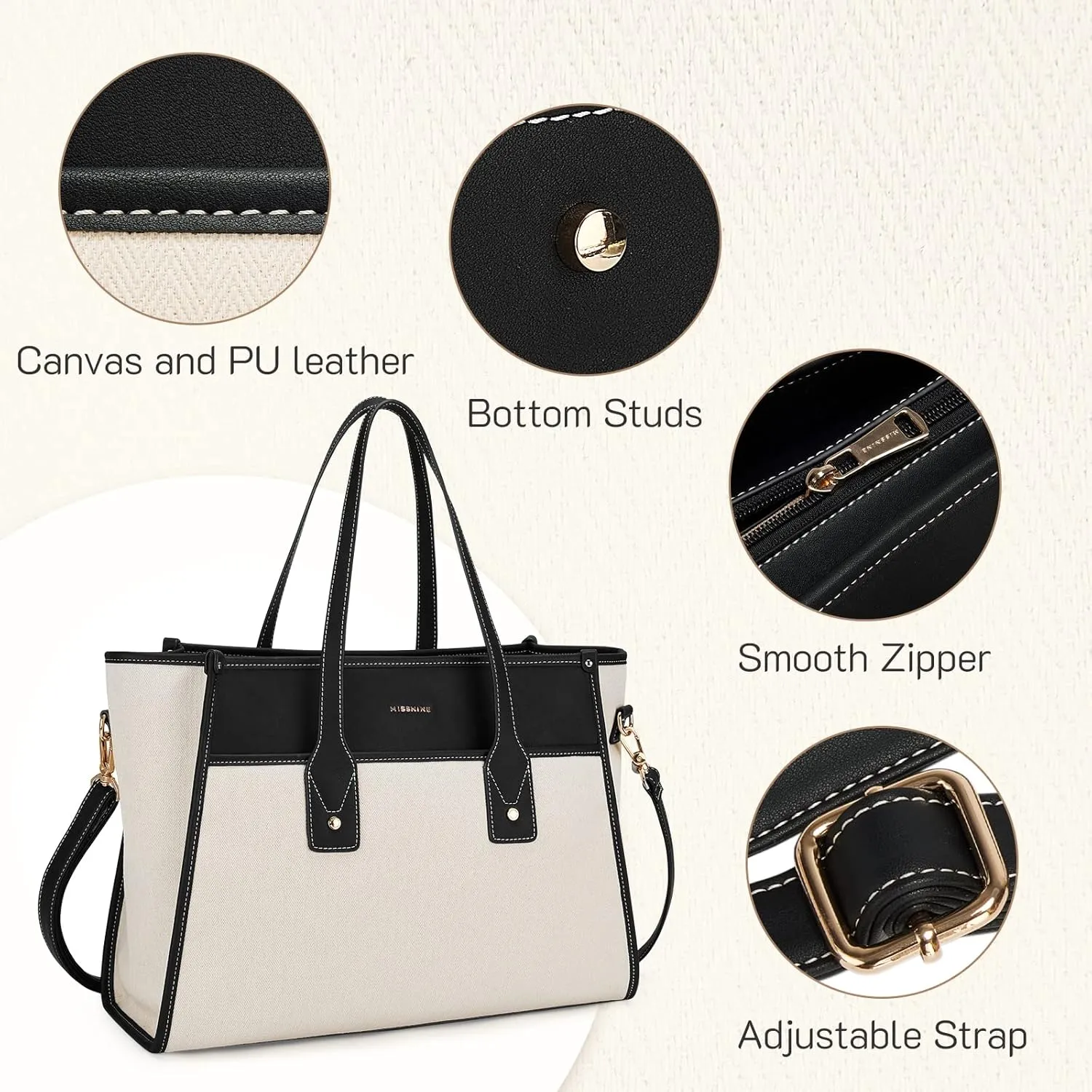 Missnine Tote Bag Canvas Laptop Bag 15.6 inch Work Bags for Women Teacher Bag Casual Computer Shoulder Purse for Office, College, Travel
