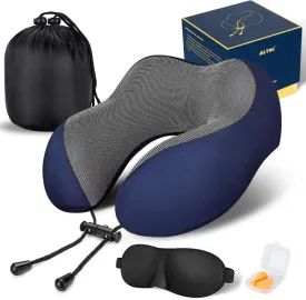 MLVOC Travel Pillow 100% Pure Memory Foam Neck Pillow, Comfortable & Breathable Cover, Machine Washable, Airplane Travel Kit with 3D Contoured Eye Masks, Earplugs, and Luxury Bag, Standard (Blue)