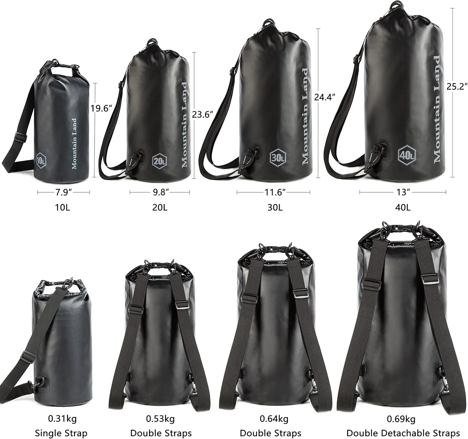 Mountain Land Waterproof Beach Dry Bag 30L Roll Top Backpack Boat Bag Dry Sack for Kayaking Rafting Fishing Hiking Camping Black