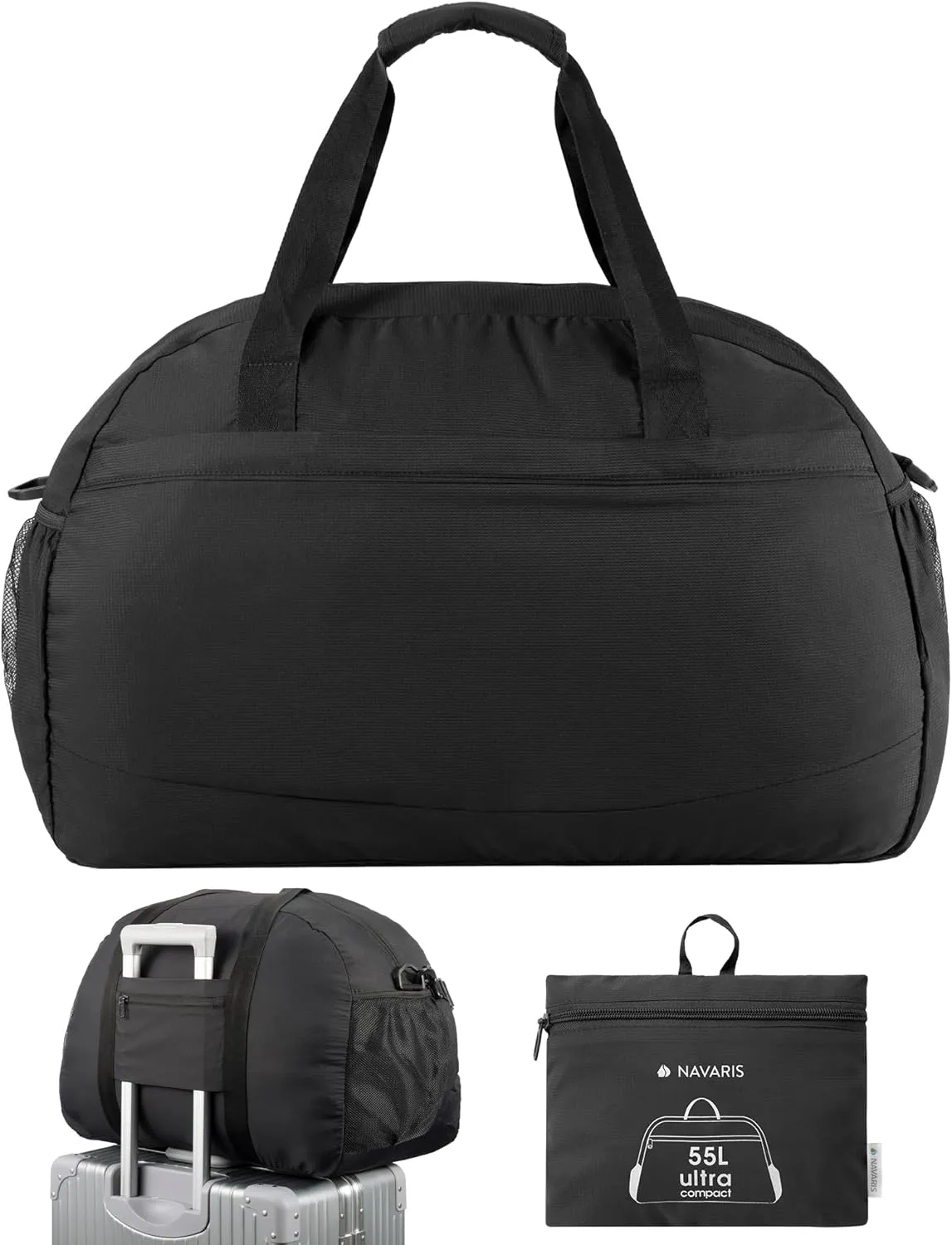 Navaris Travel Bag - Weekend Foldable Holdall - Airline Cabin & Underseat Luggage - Durable & Lightweight - Large Duffle Bags with Pockets & Adjustable Strap - 55L Capacity, Black
