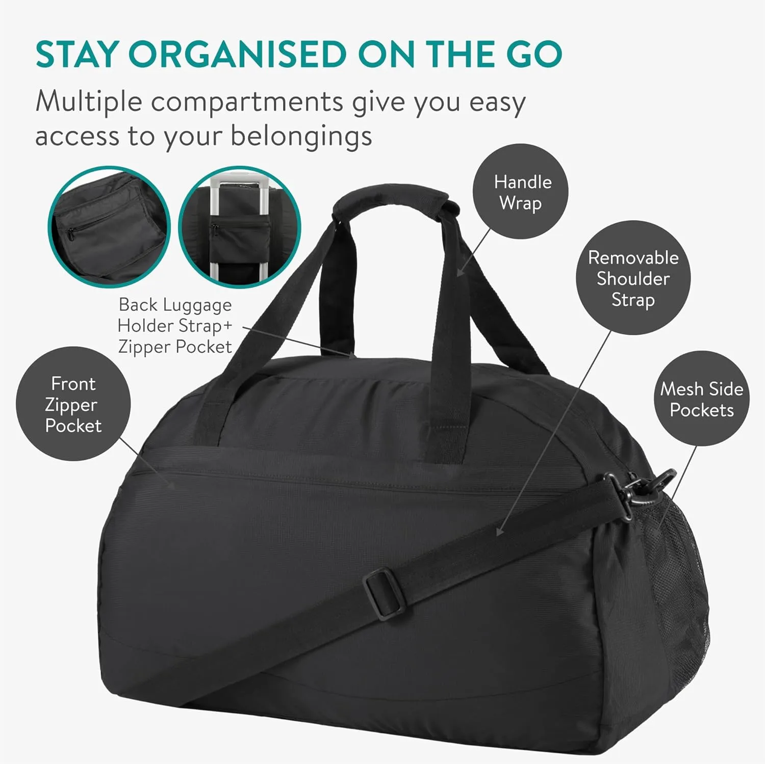 Navaris Travel Bag - Weekend Foldable Holdall - Airline Cabin & Underseat Luggage - Durable & Lightweight - Large Duffle Bags with Pockets & Adjustable Strap - 55L Capacity, Black