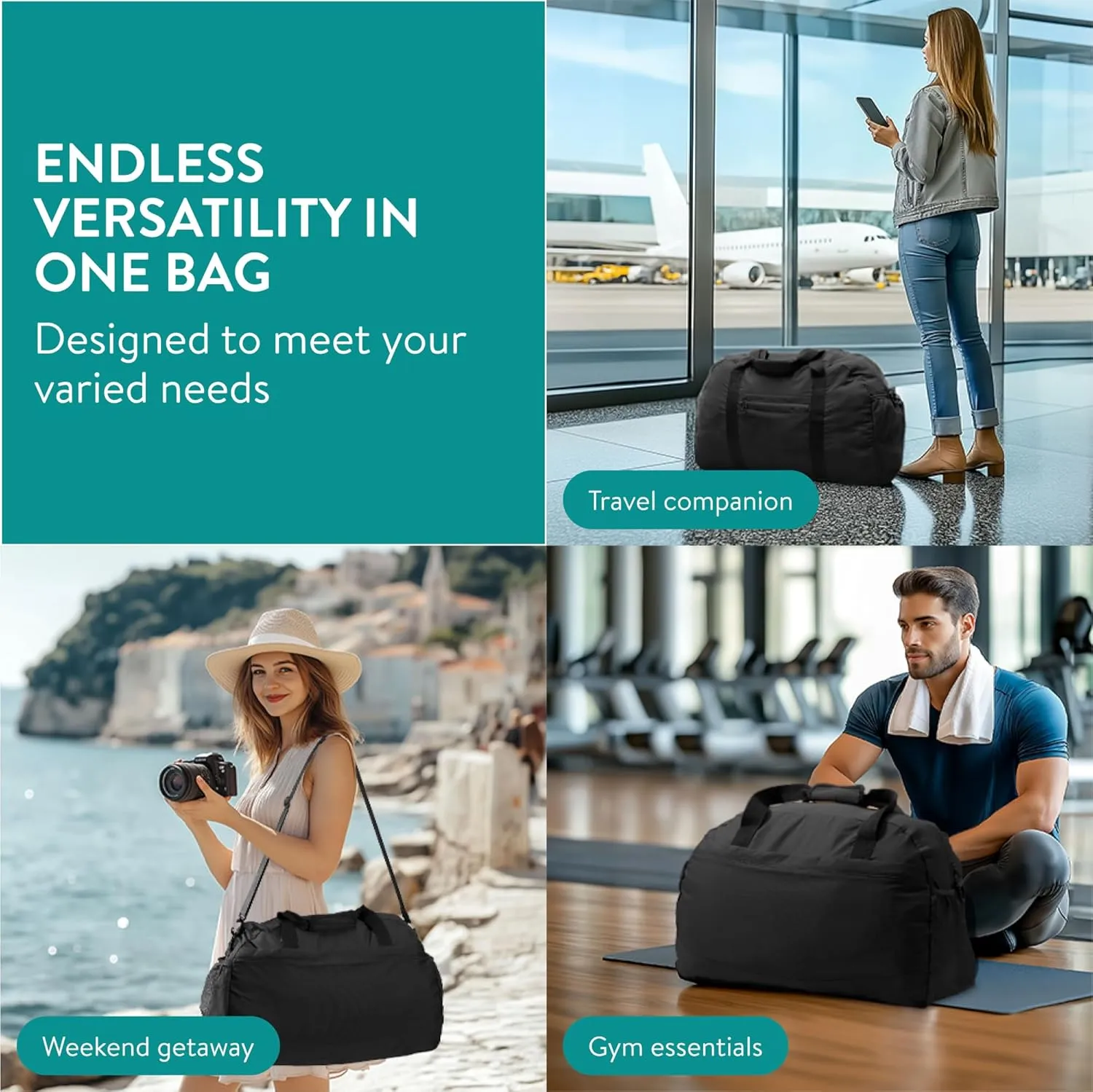 Navaris Travel Bag - Weekend Foldable Holdall - Airline Cabin & Underseat Luggage - Durable & Lightweight - Large Duffle Bags with Pockets & Adjustable Strap - 55L Capacity, Black