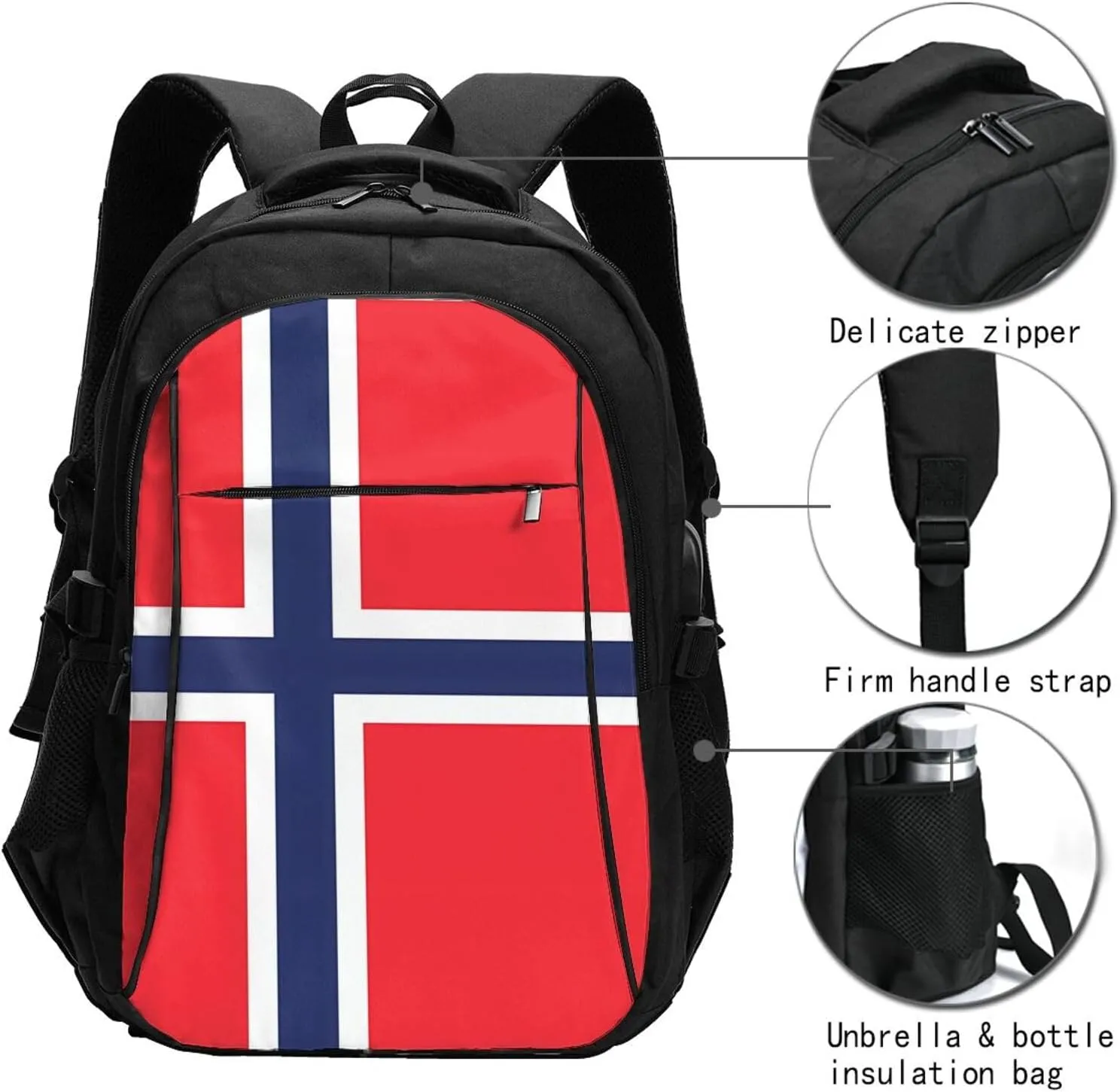 Norway Norwegian Flag Business Laptop Backpack Travel Backpacks Outdoor Rucksack Large Bag Daypack with USB Charging Port Multi-Pocket for Hiking Camping