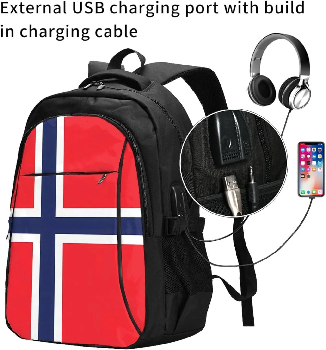 Norway Norwegian Flag Business Laptop Backpack Travel Backpacks Outdoor Rucksack Large Bag Daypack with USB Charging Port Multi-Pocket for Hiking Camping