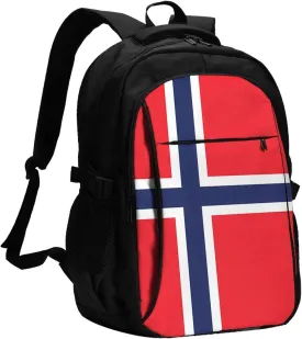 Norway Norwegian Flag Business Laptop Backpack Travel Backpacks Outdoor Rucksack Large Bag Daypack with USB Charging Port Multi-Pocket for Hiking Camping