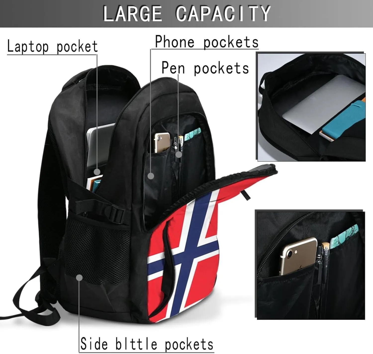 Norway Norwegian Flag Business Laptop Backpack Travel Backpacks Outdoor Rucksack Large Bag Daypack with USB Charging Port Multi-Pocket for Hiking Camping