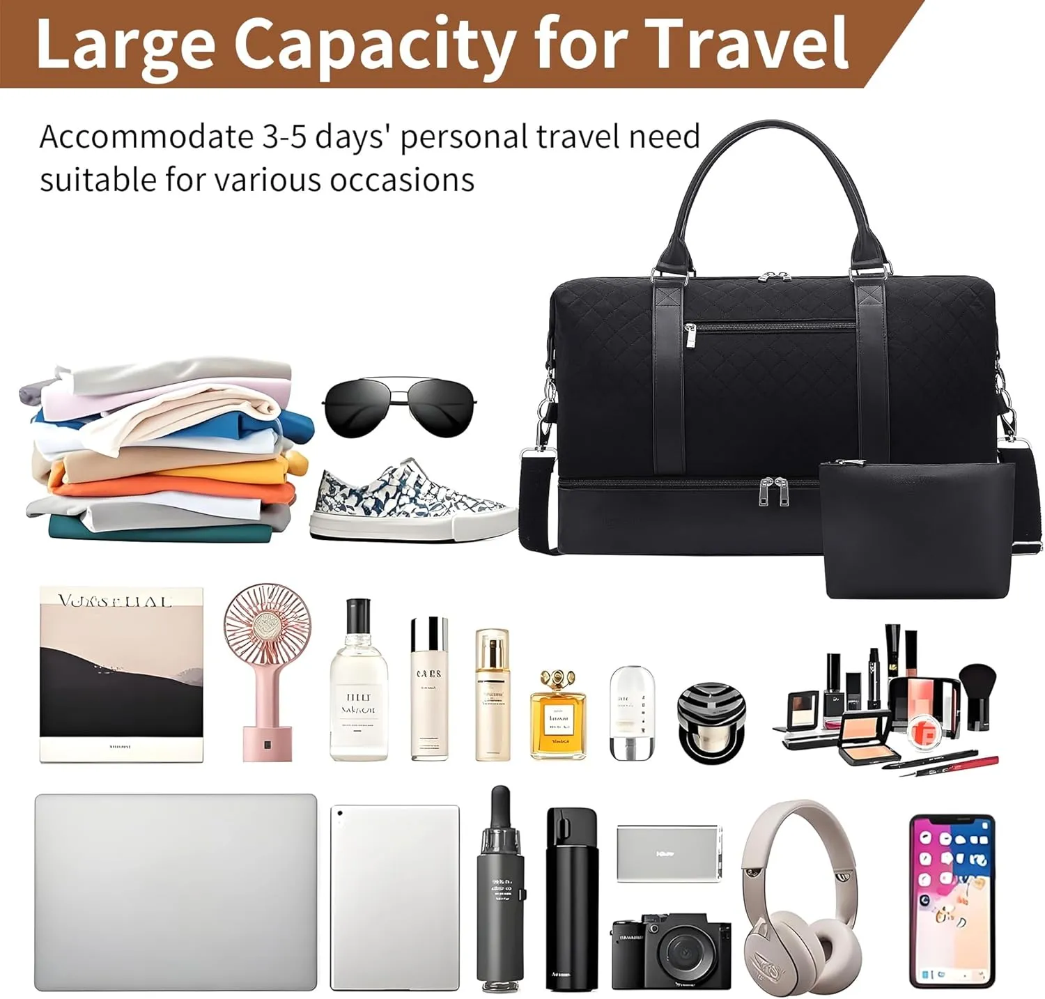 Oeihuivt Weekender Bags for Women - 21 Inch Large Travel Duffel Bag 2-Piece Set with Shoe Compartment, Heavy-Duty Canvas & Leather Carry On Overnight Tote (Airplane Approved)