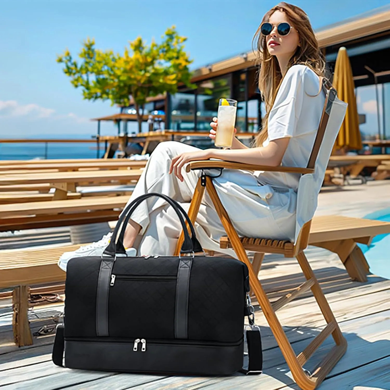 Oeihuivt Weekender Bags for Women - 21 Inch Large Travel Duffel Bag 2-Piece Set with Shoe Compartment, Heavy-Duty Canvas & Leather Carry On Overnight Tote (Airplane Approved)
