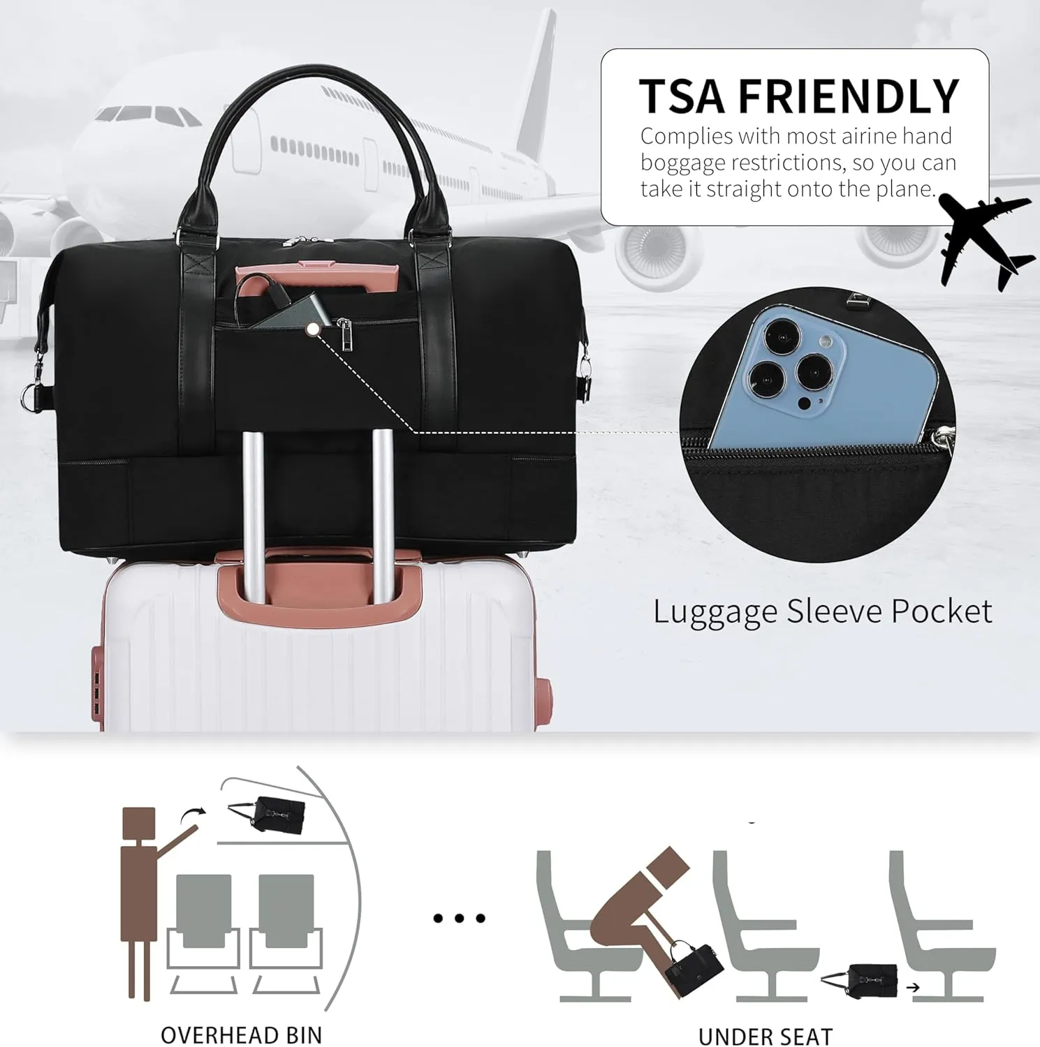 Oeihuivt Weekender Bags for Women - 21 Inch Large Travel Duffel Bag 2-Piece Set with Shoe Compartment, Heavy-Duty Canvas & Leather Carry On Overnight Tote (Airplane Approved)