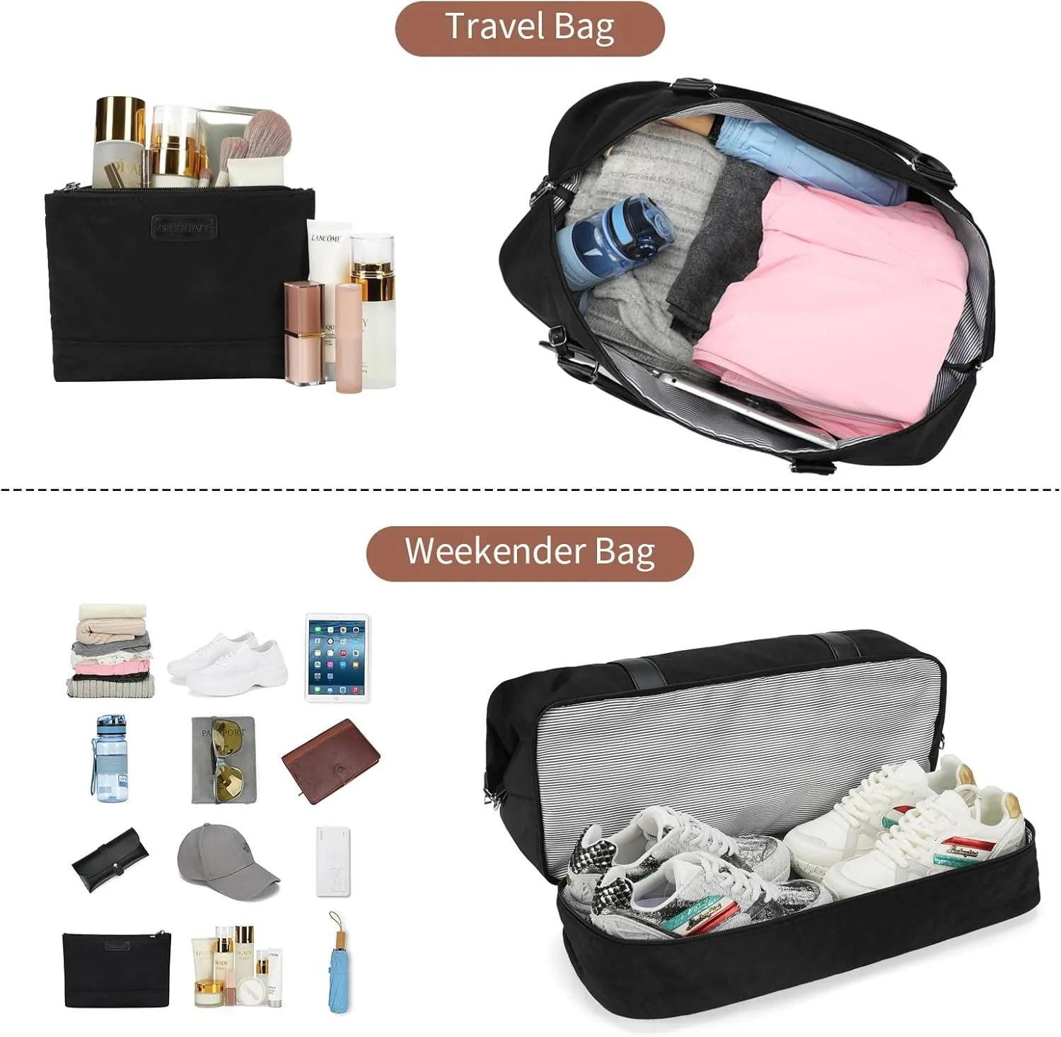 Oeihuivt Weekender Bags for Women - 21 Inch Large Travel Duffel Bag 2-Piece Set with Shoe Compartment, Heavy-Duty Canvas & Leather Carry On Overnight Tote (Airplane Approved)