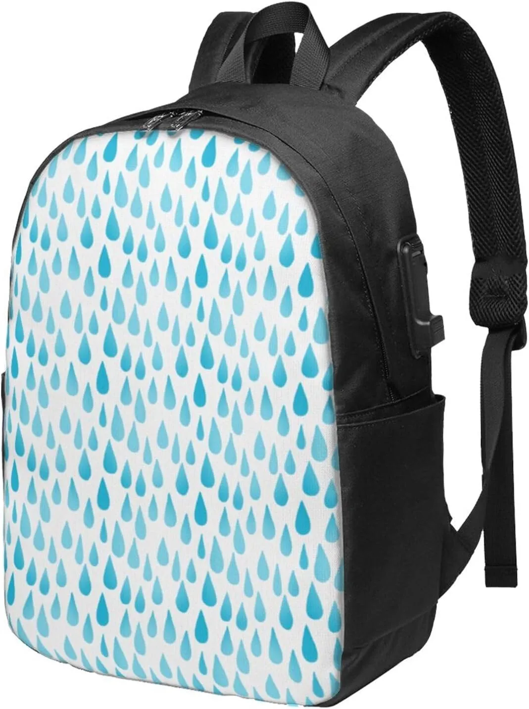 Ombre Blue Falling Raindrops Usb Travel Laptop Backpack  Durable Polyester Backbag With Charging Port & Headphone Jack