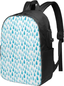 Ombre Blue Falling Raindrops Usb Travel Laptop Backpack  Durable Polyester Backbag With Charging Port & Headphone Jack