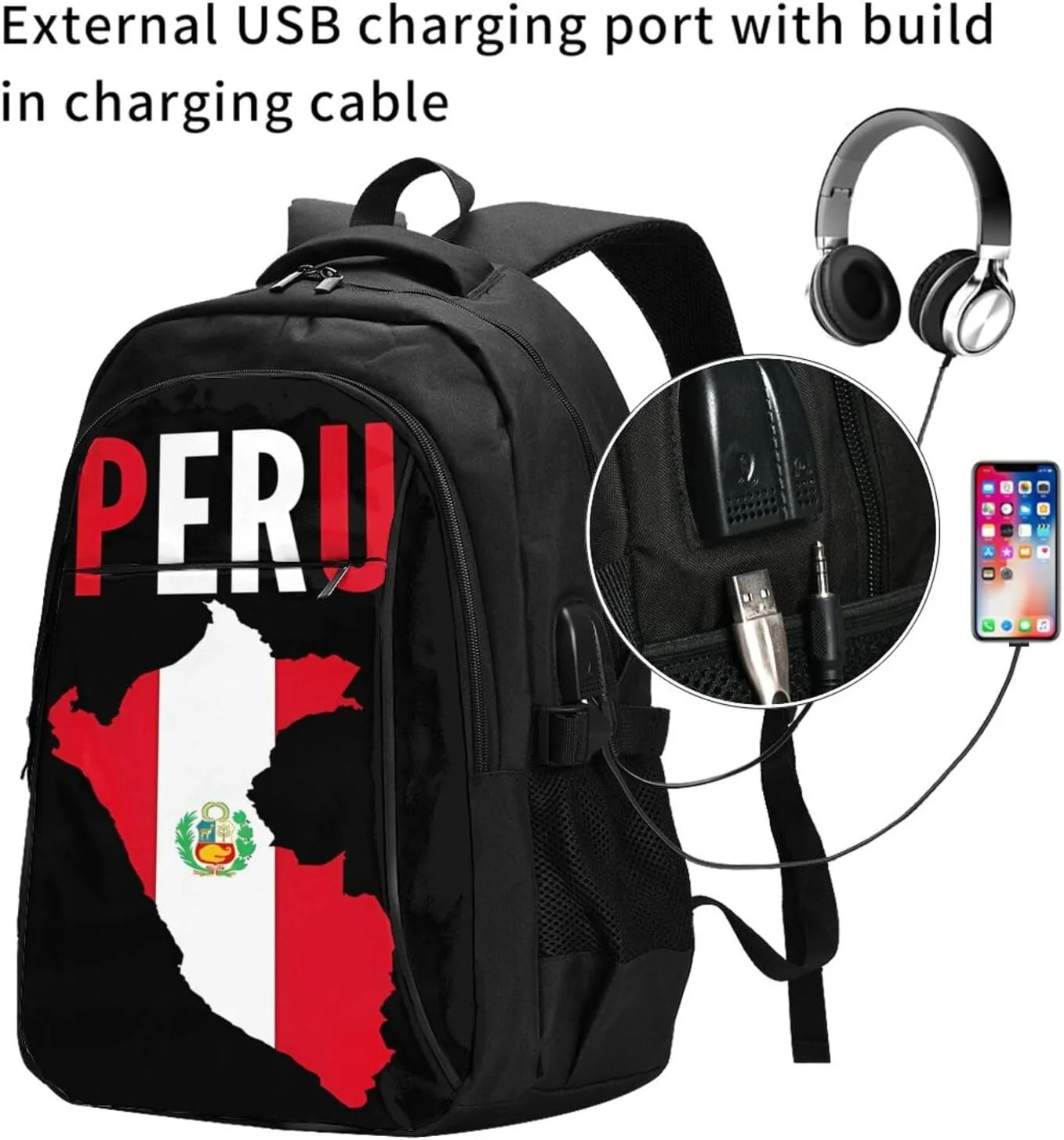 Peruvian Peru Flag Business Laptop Backpack Travel Backpacks Outdoor Rucksack Large Bag Daypack with USB Charging Port Multi-Pocket for Hiking Camping