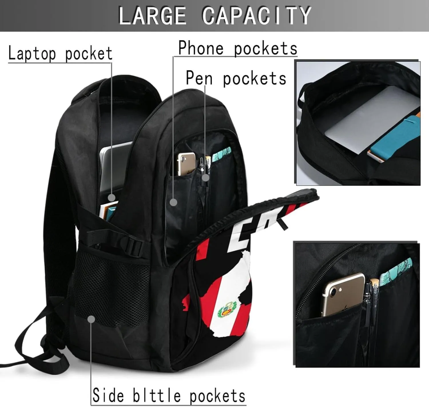 Peruvian Peru Flag Business Laptop Backpack Travel Backpacks Outdoor Rucksack Large Bag Daypack with USB Charging Port Multi-Pocket for Hiking Camping