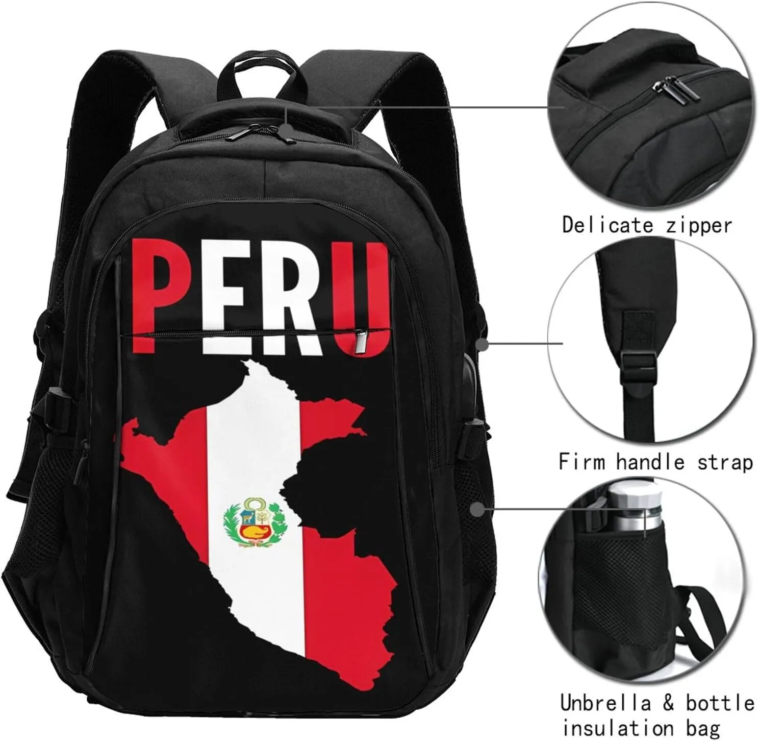 Peruvian Peru Flag Business Laptop Backpack Travel Backpacks Outdoor Rucksack Large Bag Daypack with USB Charging Port Multi-Pocket for Hiking Camping