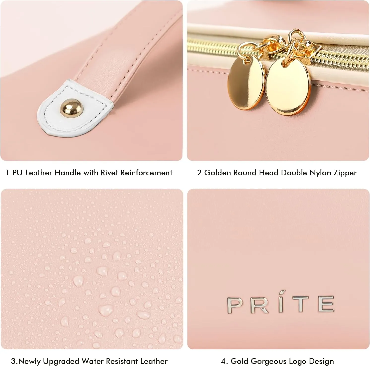Prite Makeup Bag for Women Travel Waterproof Vegan Leather Cosmetic Bag Open Flat Toiletry Bag With Clear Divider and Handle (Large Pink)