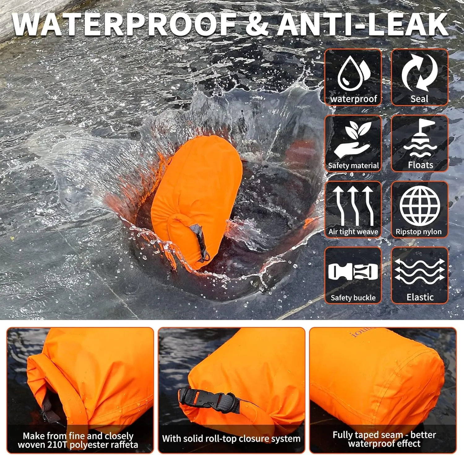 R2Depot Waterproof Dry Bag, 5L/10L/20L/40L/70L Dry Storage Bag for Kayaking, Gym, Hiking, Swimming (Orange, 20L)