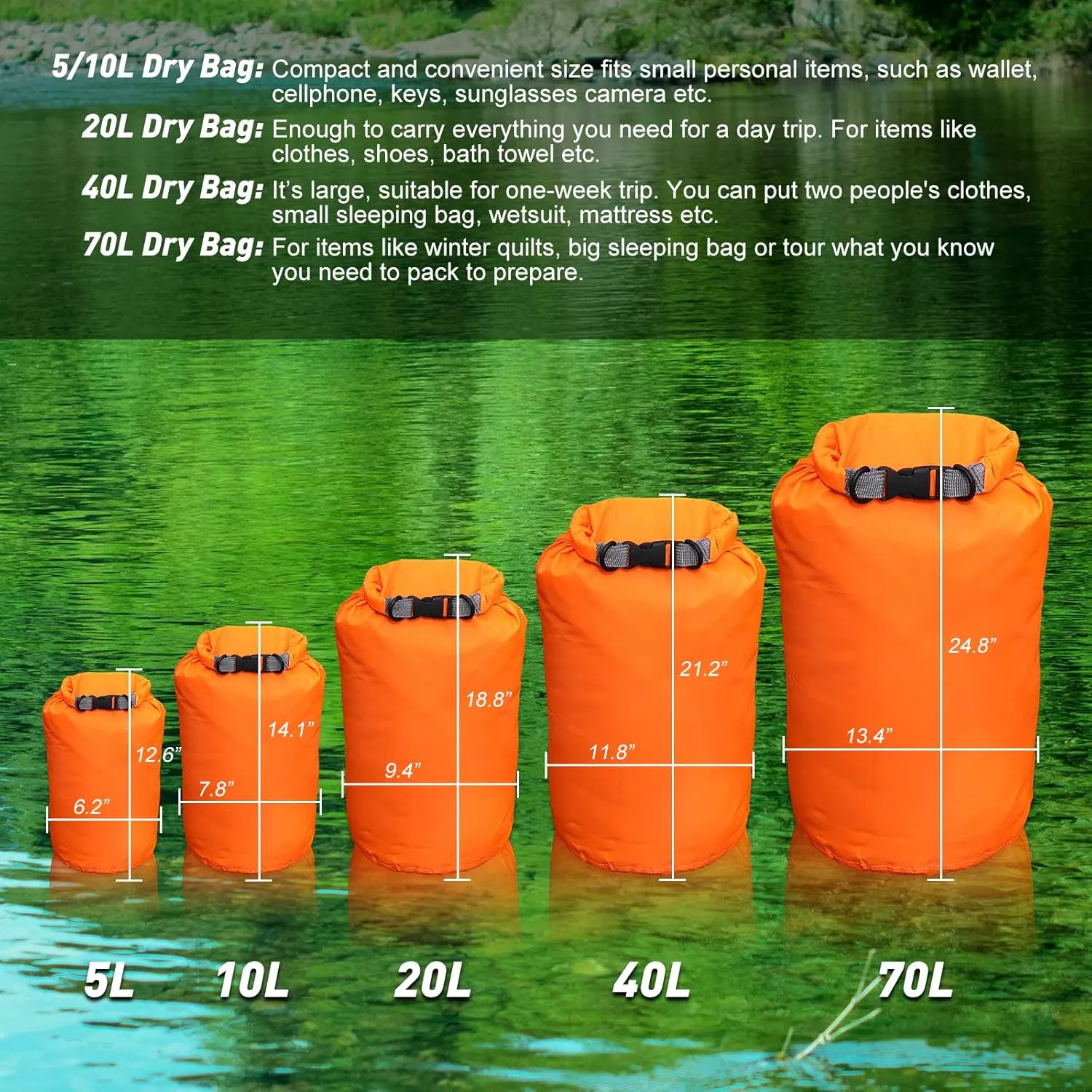 R2Depot Waterproof Dry Bag, 5L/10L/20L/40L/70L Dry Storage Bag for Kayaking, Gym, Hiking, Swimming (Orange, 20L)