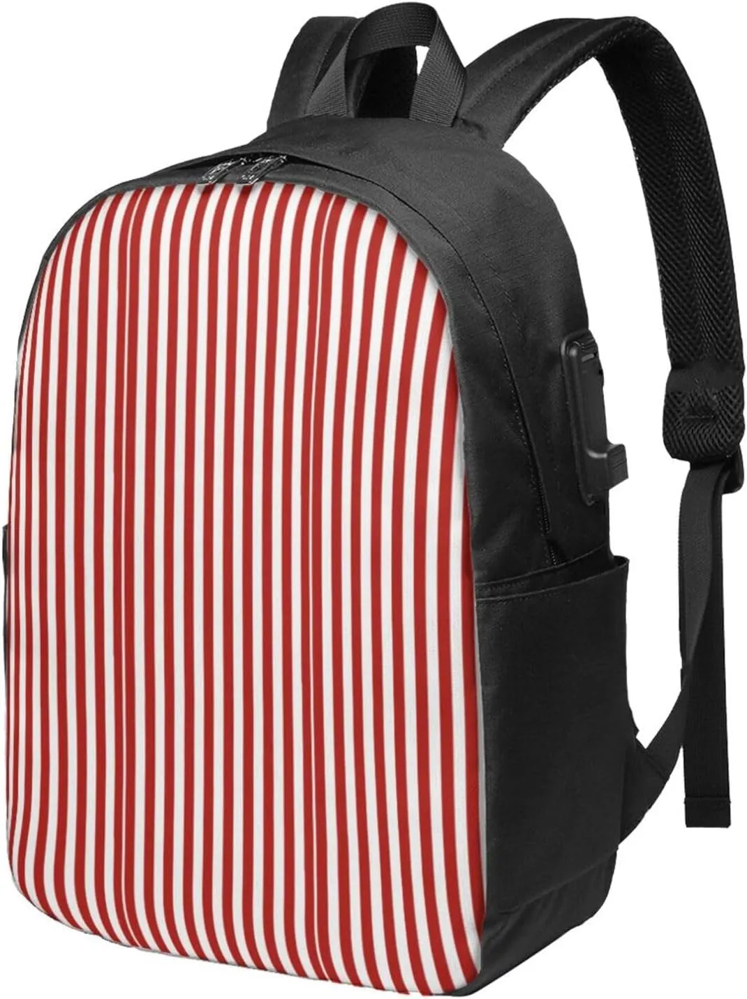 Red And White Stripes Usb Travel Laptop Backpack  Durable Polyester Backbag With Charging Port & Headphone Jack