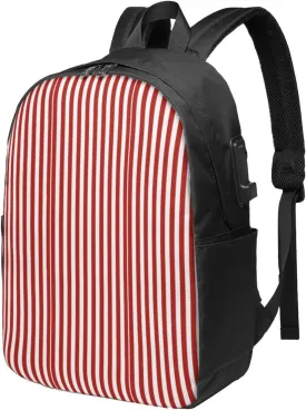Red And White Stripes Usb Travel Laptop Backpack  Durable Polyester Backbag With Charging Port & Headphone Jack