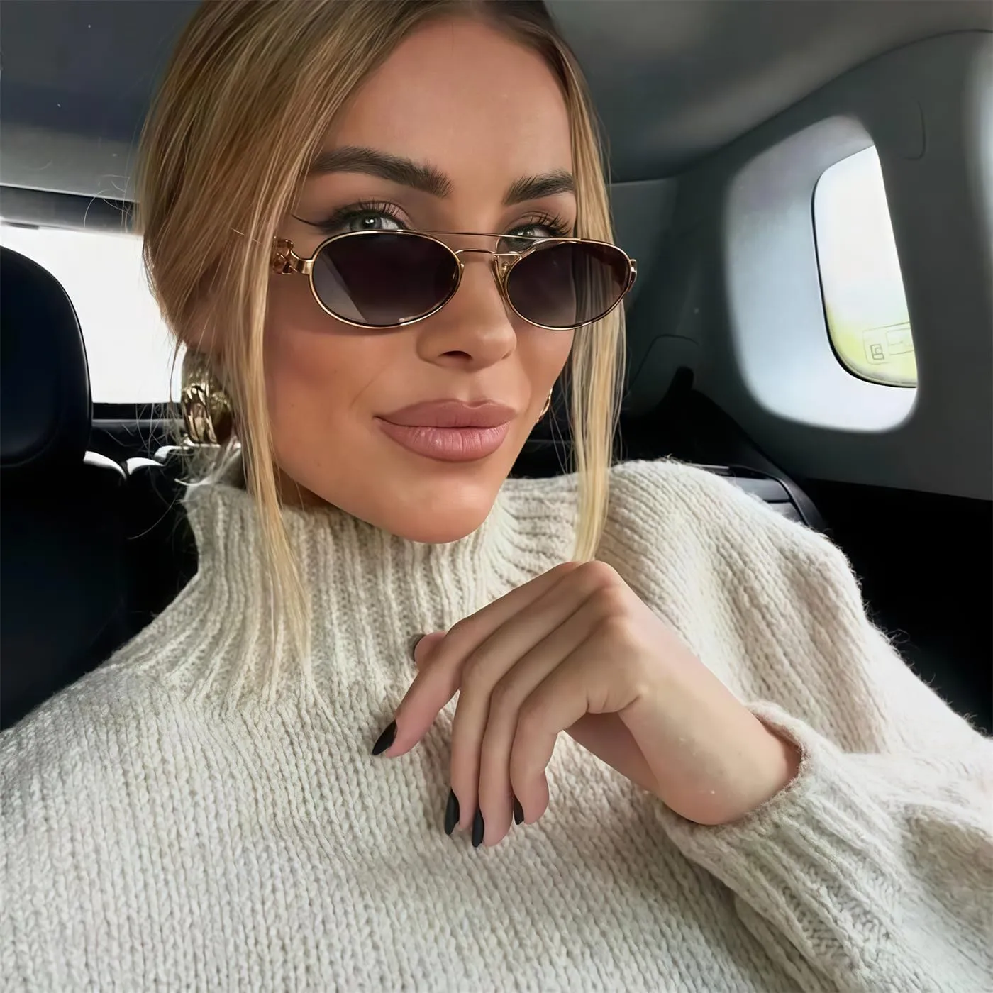 Retro Oval 90s Metal Sunglasses for Women, 2025 Trendy Chic Narrow Gold Sun Glasses Fashion Sunnies